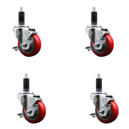 Service Caster 3.5'' SS Red Poly Swivel 1-1/8'' Expanding Stem Caster Set with Brake, 4PK SCC-SSEX20S3514-PPUB-RED-TLB-118-4